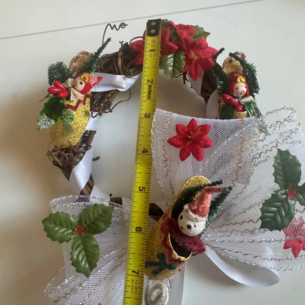 Vintage Christmas Wreath Spun Cotton Figures Japan Glitter elves 7 inch 1960's